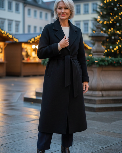 Wollmantel Damen lang schwarz mit Reverskragen - Ansicht 1