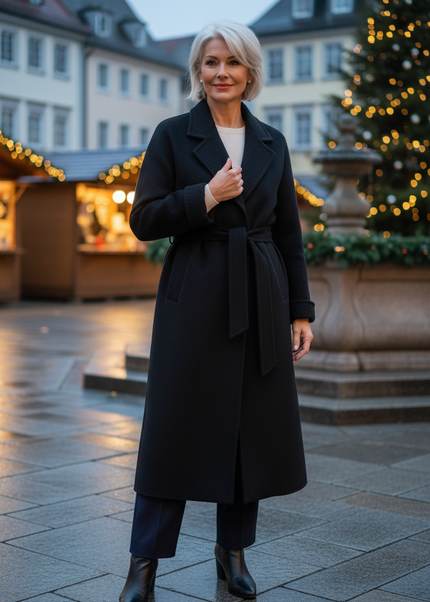 Wollmantel Damen lang schwarz mit Reverskragen - Ansicht 1