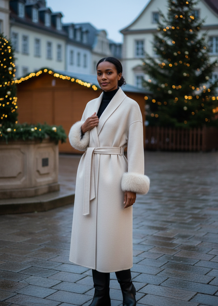 wollmantel mit fellmanschetten creme lang | Damen - Ansicht 1