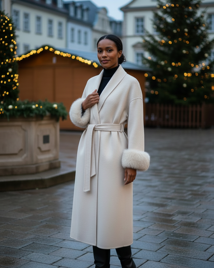 wollmantel mit fellmanschetten creme lang | Damen - Ansicht 3