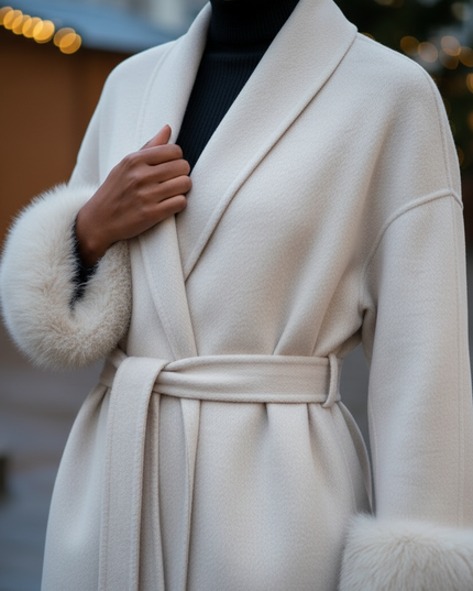 wollmantel mit fellmanschetten creme lang | Damen - Ansicht 4