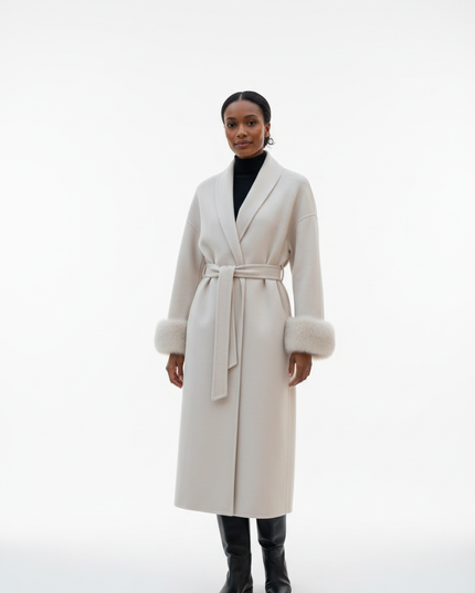 wollmantel mit fellmanschetten creme lang | Damen - Ansicht 5