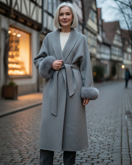 Wollmantel mit Fellmanschetten grau lang | Wolle - Ansicht 1