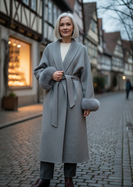 Wollmantel mit Fellmanschetten grau lang | Wolle - Ansicht 1