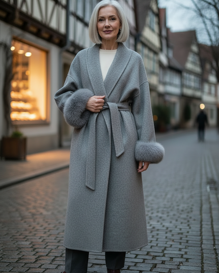 Wollmantel mit Fellmanschetten grau lang | Wolle - Ansicht 3