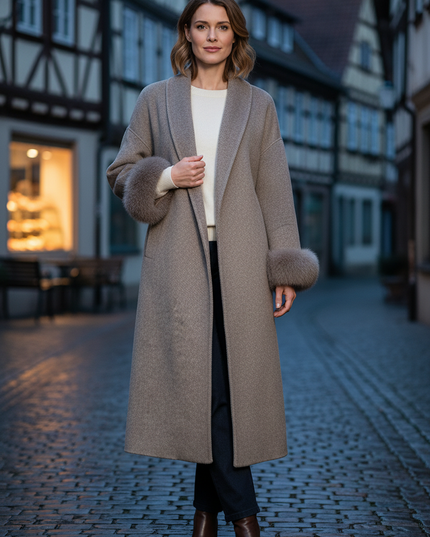 wollmantel mit fellmanschetten taupe lang | Wolle - Ansicht 1