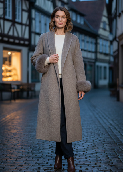 wollmantel mit fellmanschetten taupe lang | Wolle - Ansicht 1