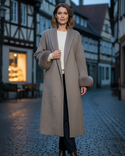 wollmantel mit fellmanschetten taupe lang | Wolle - Ansicht 3