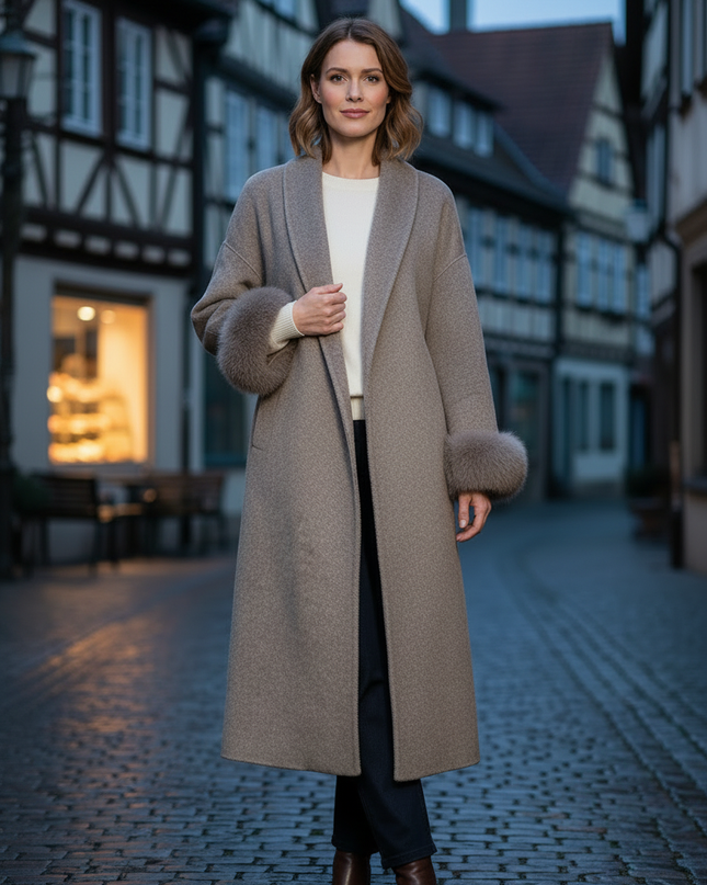 wollmantel mit fellmanschetten taupe lang | Wolle - Ansicht 3