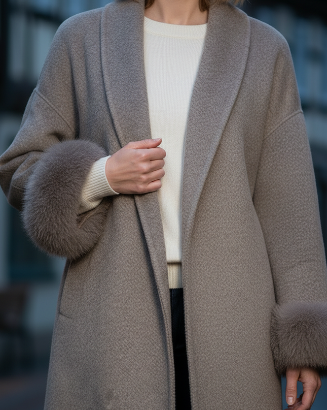 wollmantel mit fellmanschetten taupe lang | Wolle - Ansicht 4