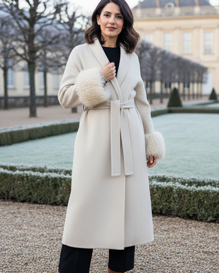 wollmantel mit lammfell creme lang | Wickelform - Ansicht 1