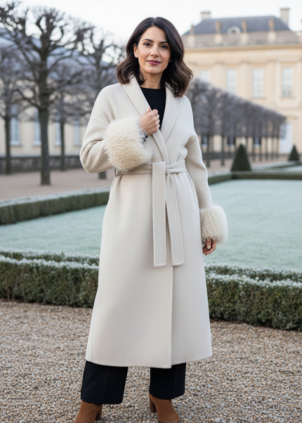 wollmantel mit lammfell creme lang | Wickelform - Ansicht 1