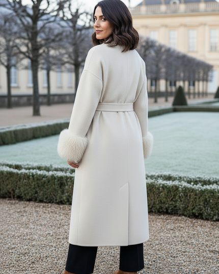 wollmantel mit lammfell creme lang | Wickelform - Ansicht 2