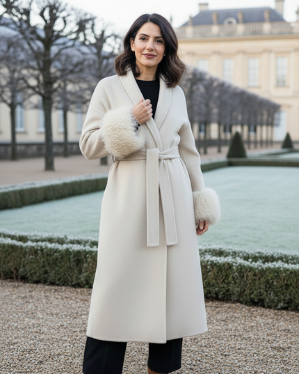 wollmantel mit lammfell creme lang | Wickelform - Ansicht 3