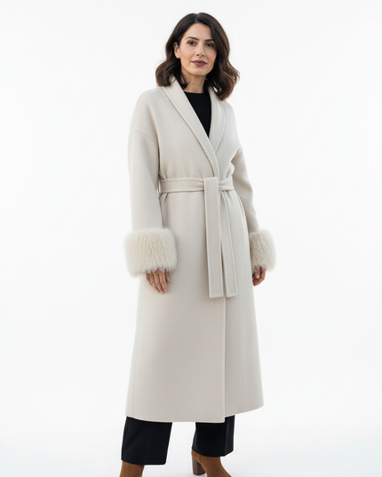 wollmantel mit lammfell creme lang | Wickelform - Ansicht 5