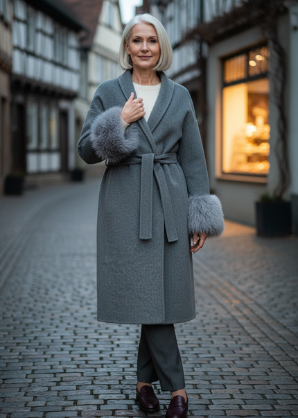Wollmantel mit Lammfell grau lang - Reverskragen, Gürtel - Ansicht 1