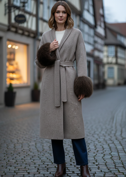 wollmantel mit lammfell taupe lang | Winter Damen - Ansicht 1