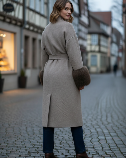 wollmantel mit lammfell taupe lang | Winter Damen - Ansicht 2