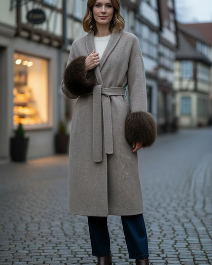 wollmantel mit lammfell taupe lang | Winter Damen - Ansicht 3