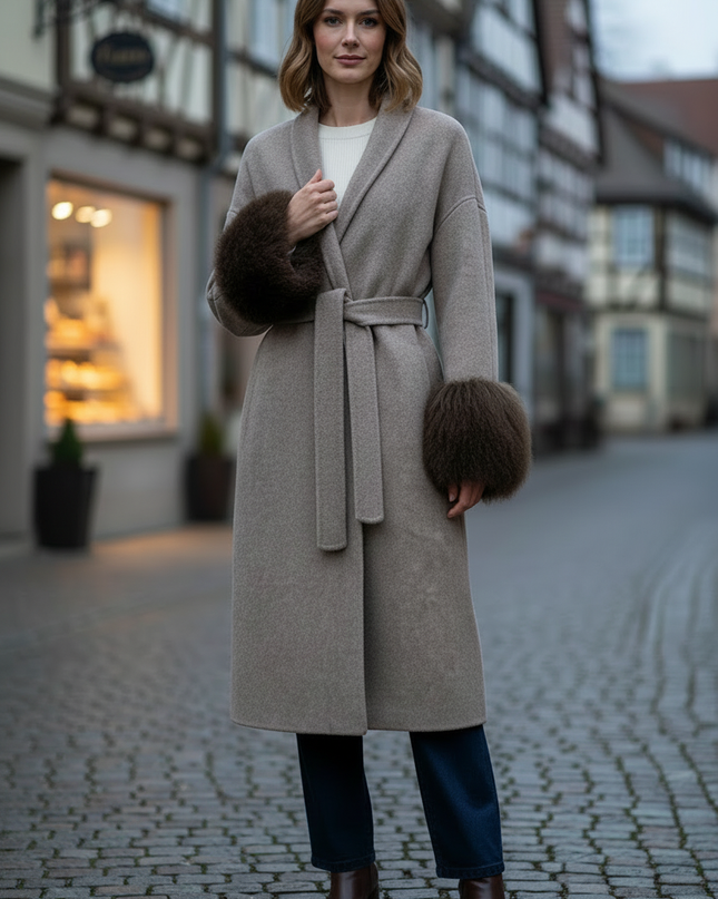 wollmantel mit lammfell taupe lang | Winter Damen - Ansicht 3