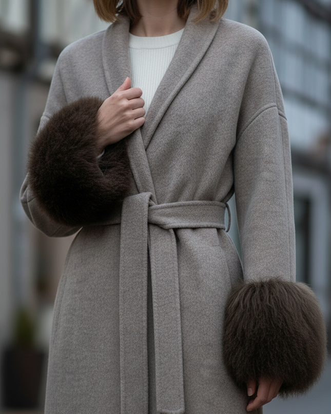 wollmantel mit lammfell taupe lang | Winter Damen - Ansicht 4