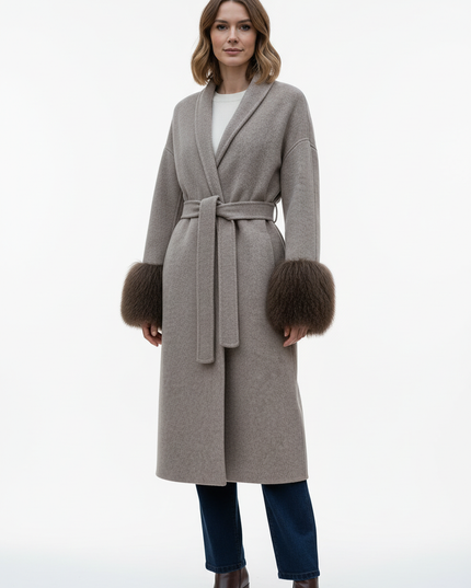 wollmantel mit lammfell taupe lang | Winter Damen - Ansicht 5